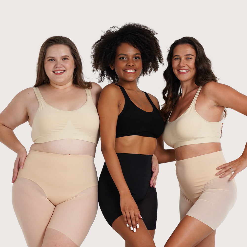異なる肌色のシェイプウェアを着用した3人の女性